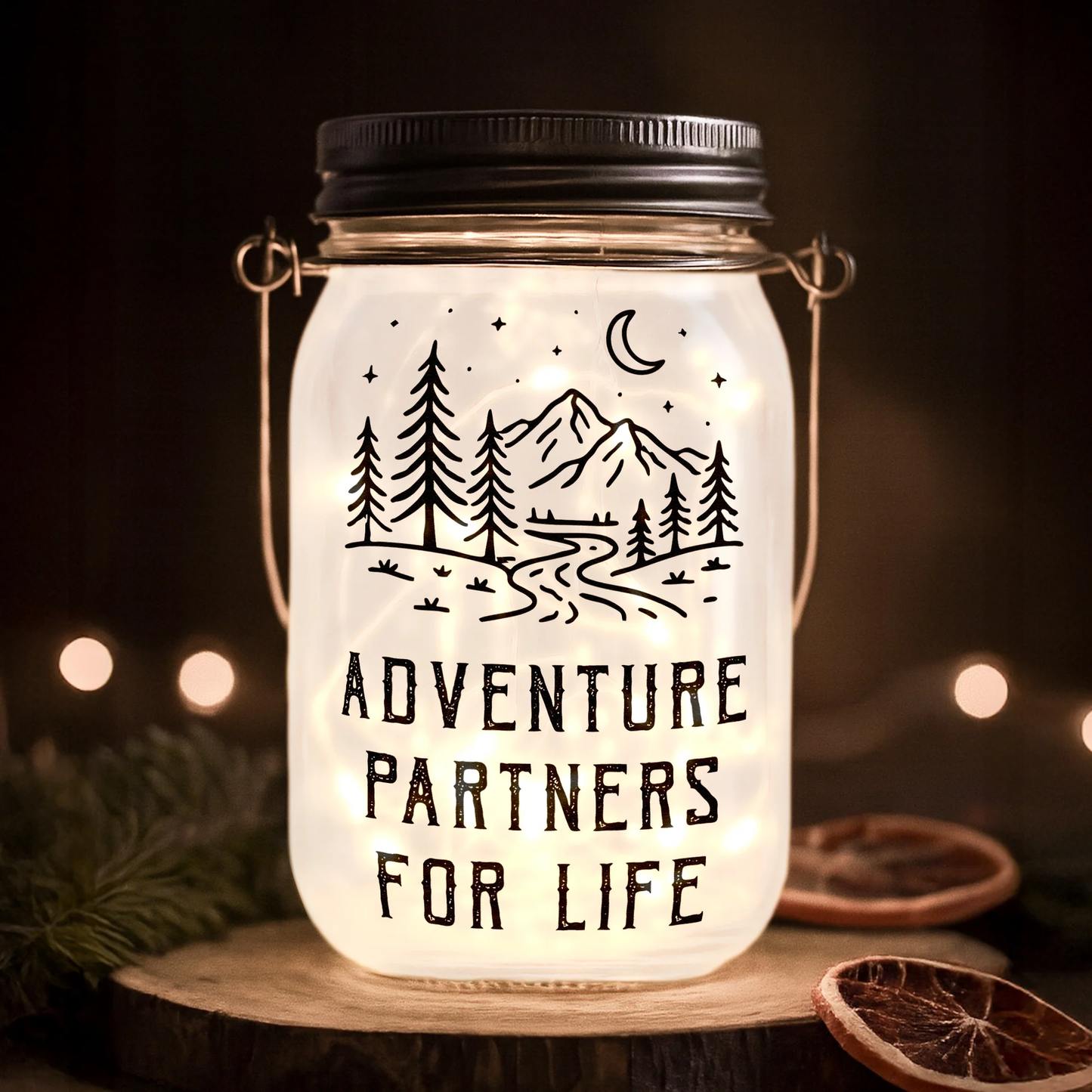 Personalized Solar Mason Jar Light with Adventure Partners For Life Hiking Couple Design - Unique Gift for Couples