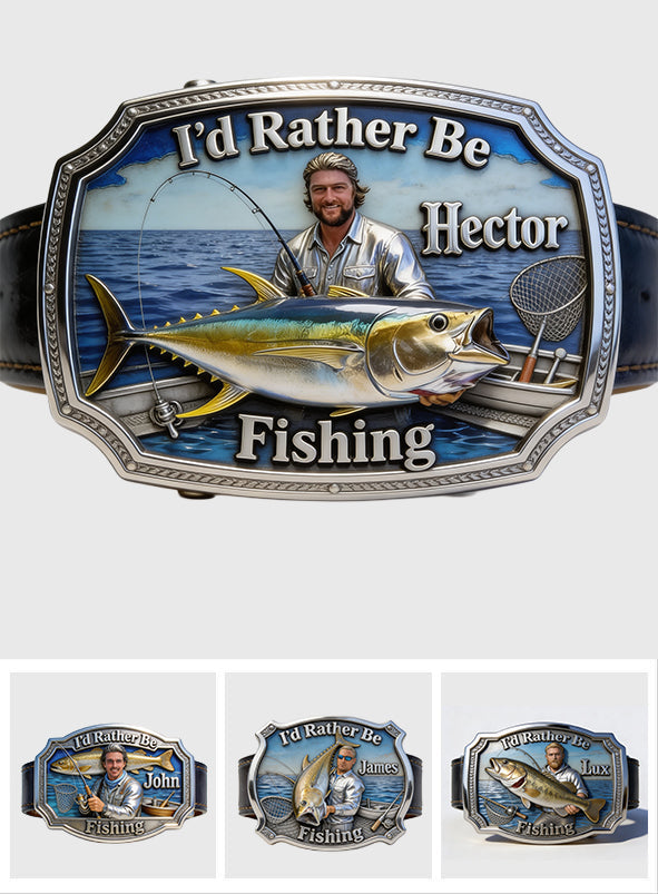 I'd Rather Be Fishing - Personalized Fishing Leather Belt With Shaped Buckle