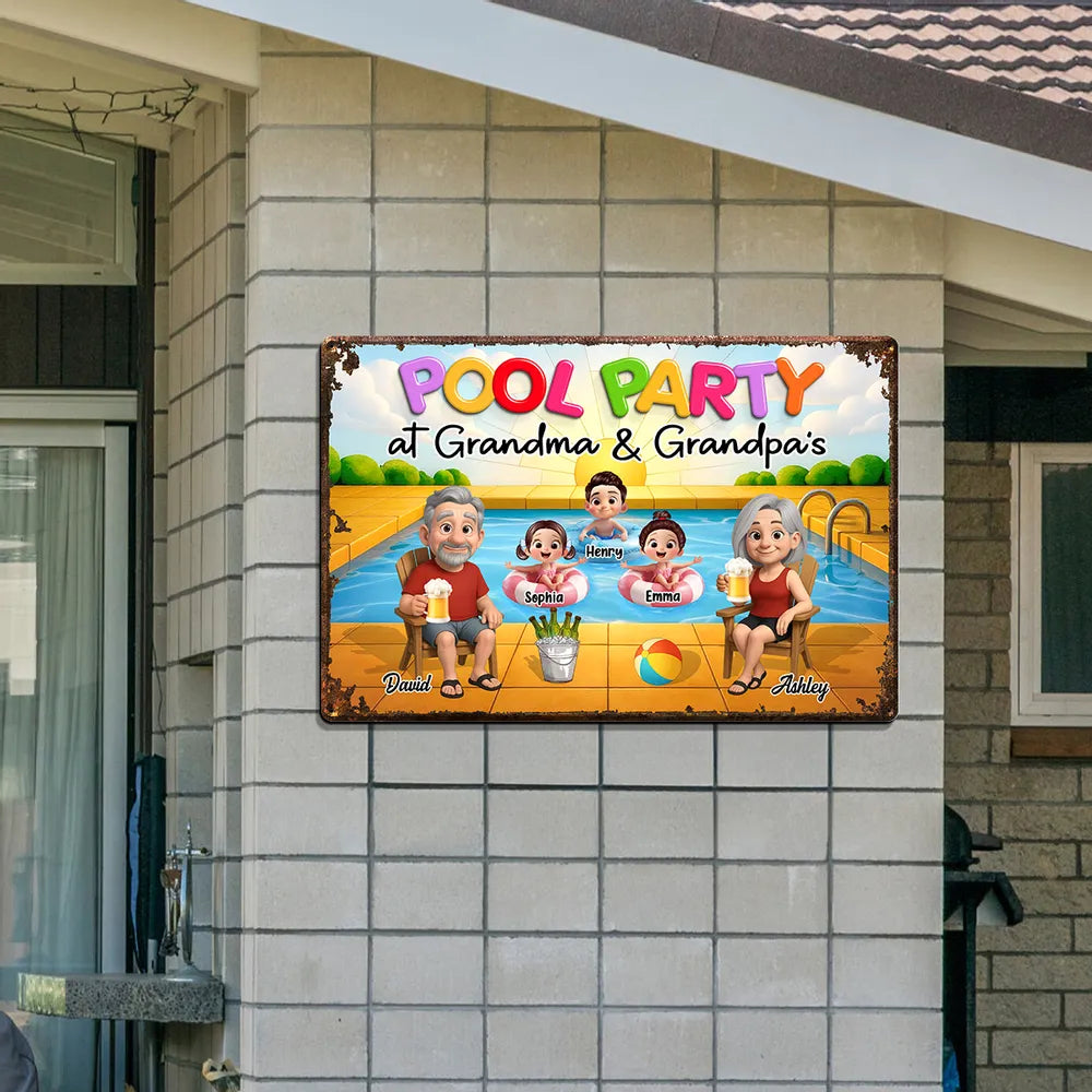 Summer Pool Party Vibes – Personalized Iron Sign with Family Illustration, Gift for Grandma & Grandpa