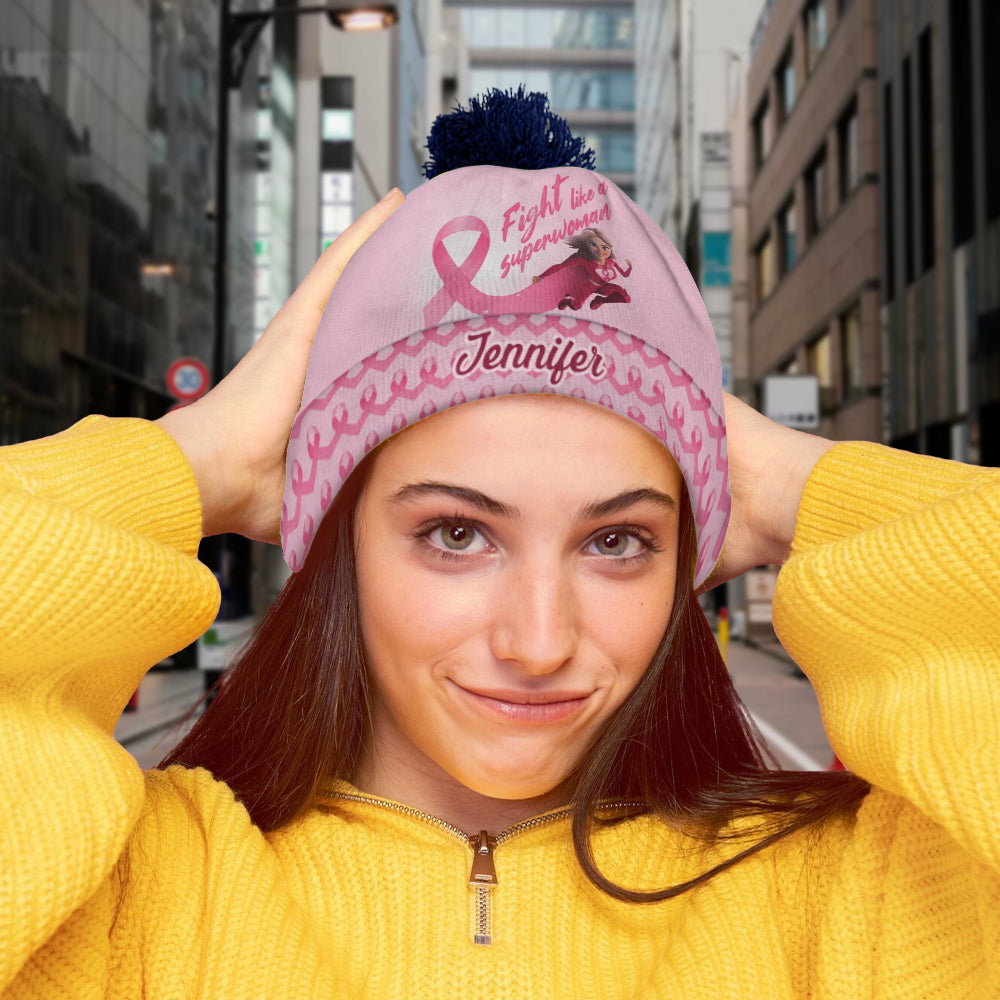 Fight Like a Superwoman, Breast Cancer Awareness - Personalized Breast Cancer Awareness Beanie Hat