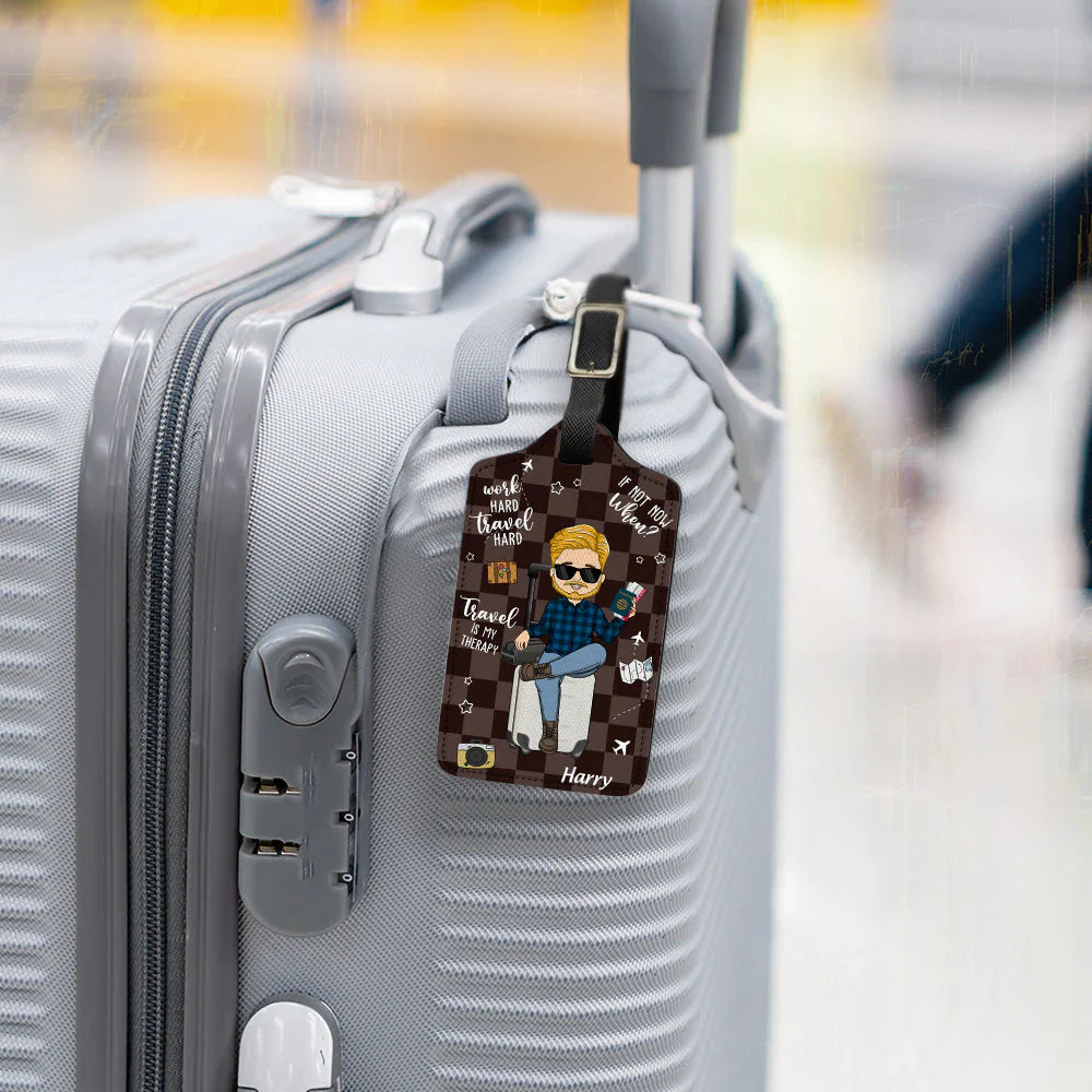 Personalized Leather Luggage Tag, Travel Is My Therapy Cute Cartoon Traveler Design, Unique Gift For Travel Lovers