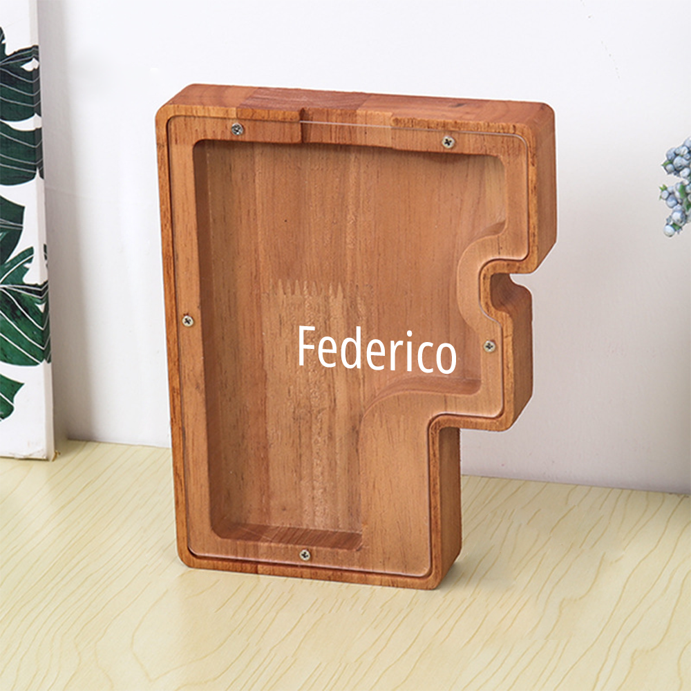 Custom Initial And Name - Personalized Letter And Name Brown Wooden Piggy Bank