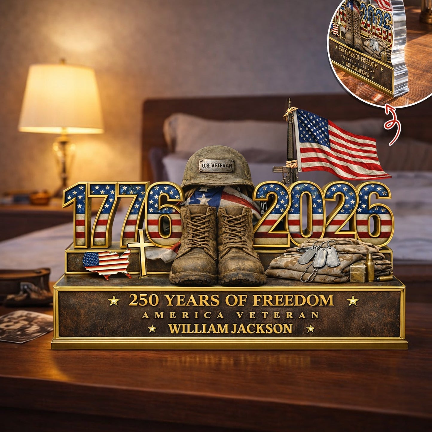 Personalized Shaped Acrylic Block Plaque with Patriotic US Army Boots & Flag Desk Decor, Unique Veteran Gift