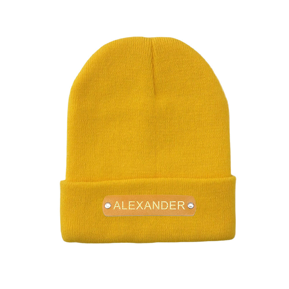 Custom Name Leather Patch Beanie - Personalized Beanie Hat