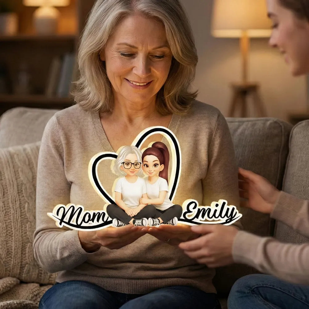 Mom and Daughter Forever Love Acrylic Light Box, Heart Backdrop Hugging Duo, Cozy Bedside Glow, Unique Gift for Mom