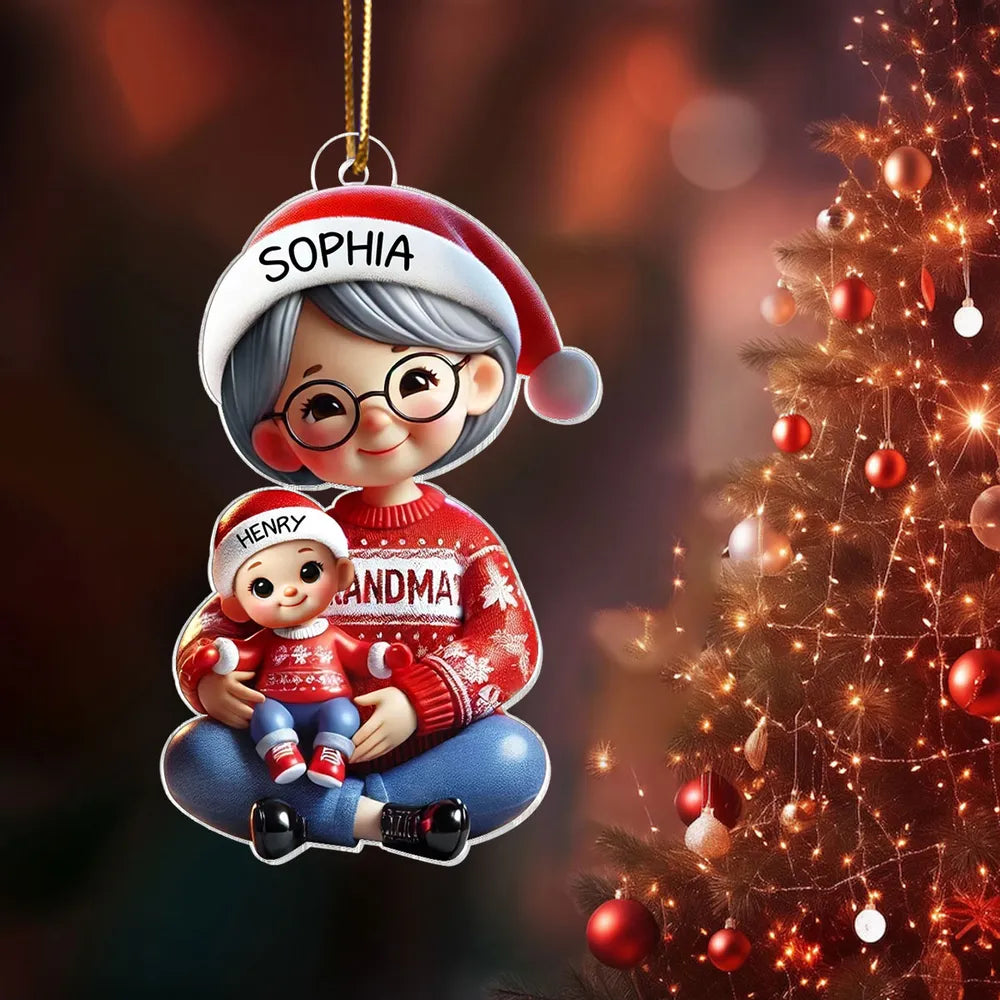 Acrylic Ornament with Grandma & Grandkid Hug Scene, Heartwarming Holiday Décor and Perfect Gift for Family