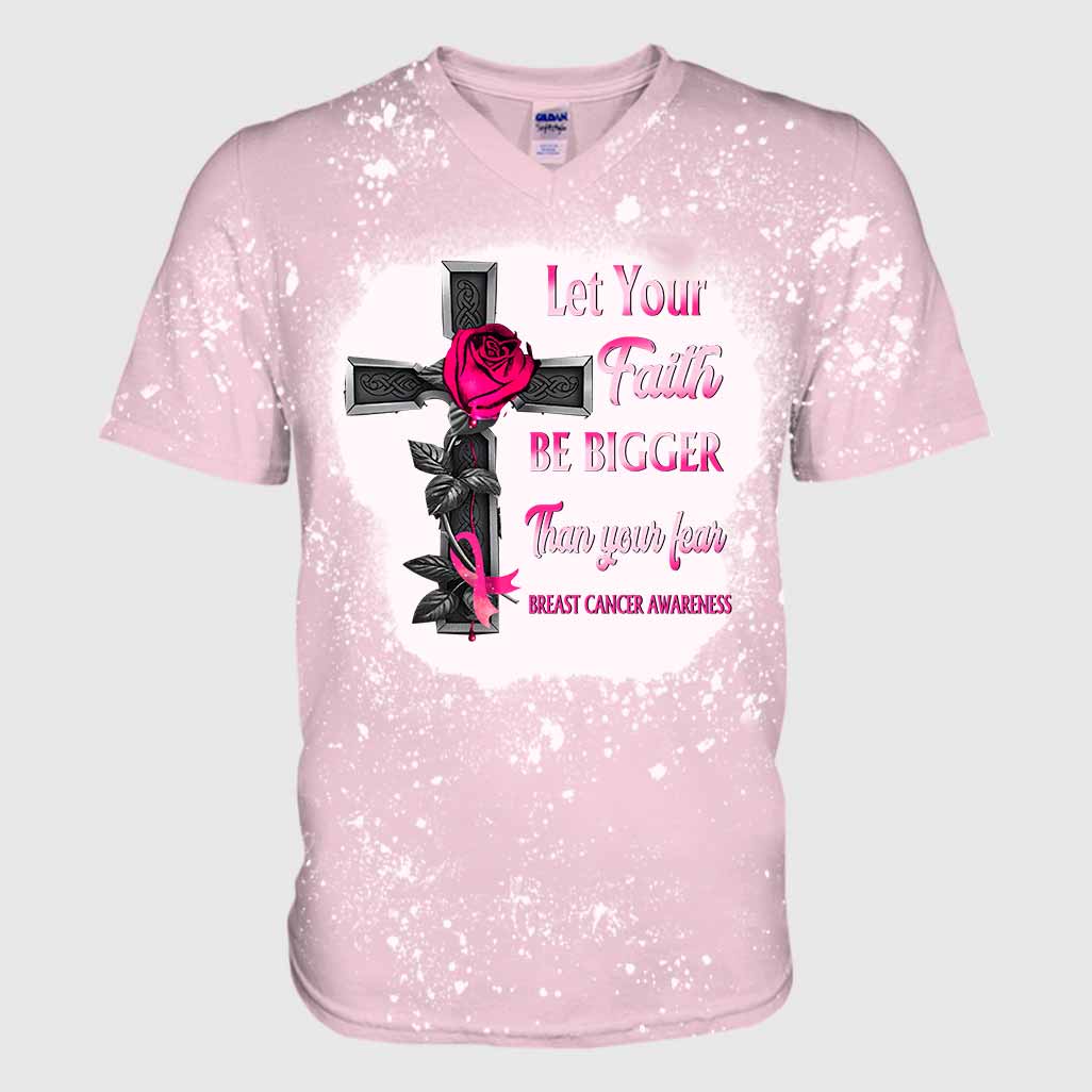Let Your Faith Be Bigger Than Your Fear - Breast Cancer Awareness Handmade Bleached Shirts