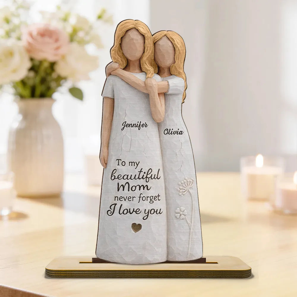 2-Layer Wooden Plaque Personalized for Mom, Sweet Mom and Daughter Hug Decor, Unique Gift With 'Never Forget I Love You'
