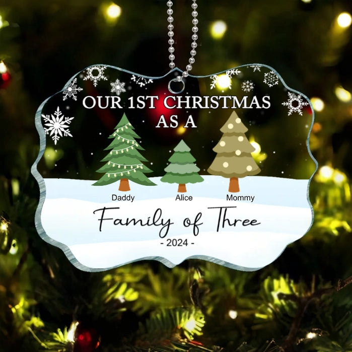 "Personalized Family of Three Ornament - Our 1st Christmas as a Family - Custom Christmas Tree Poster，Ornament，Plaque，Keychain，Pillow ，Cup