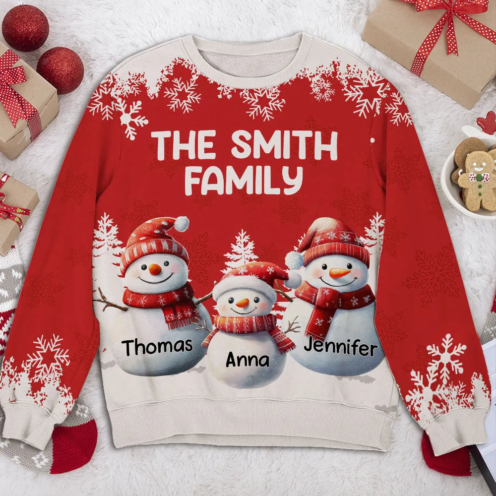 Printed Sweatshirt with All-Over Snowflakes & Snowman Family, Christmas-Ready Comfort, Unique Heartwarming Gift for Families