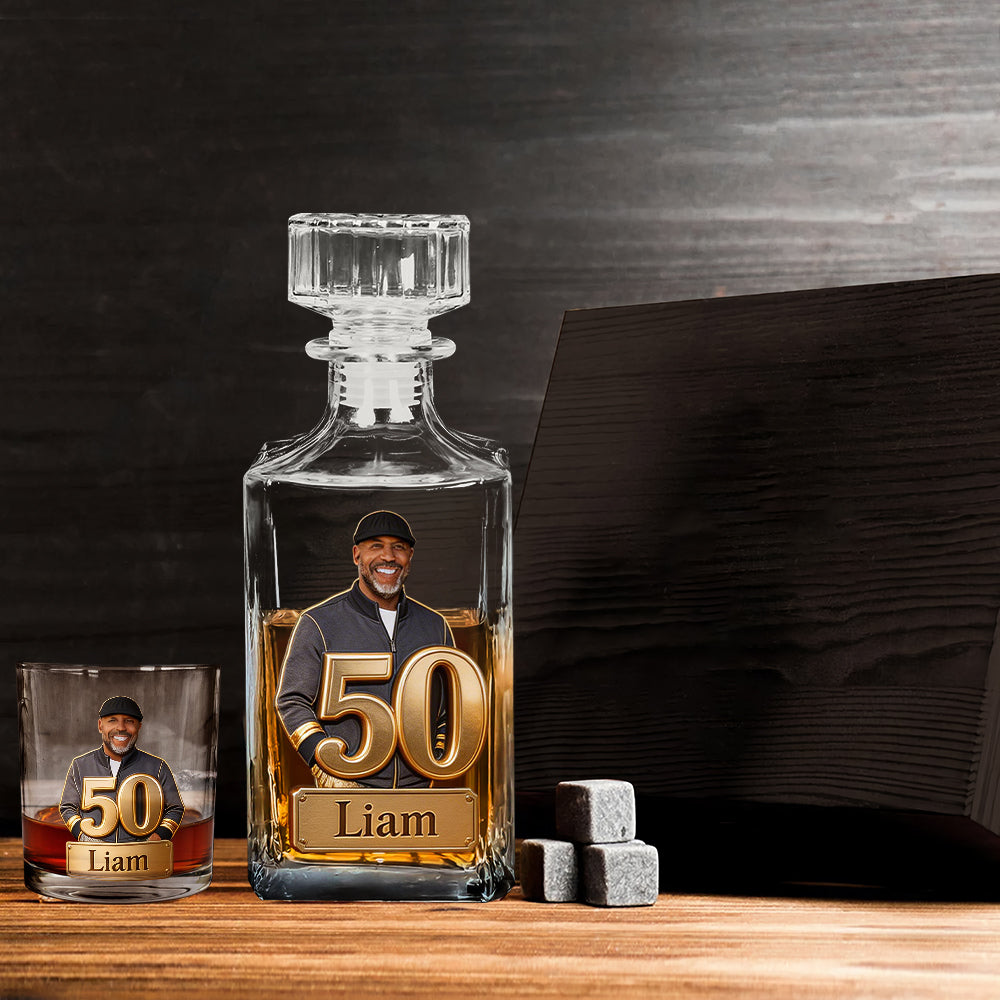 Custom Any Photo, Number - Personalized Birthday Whiskey Decanter Set