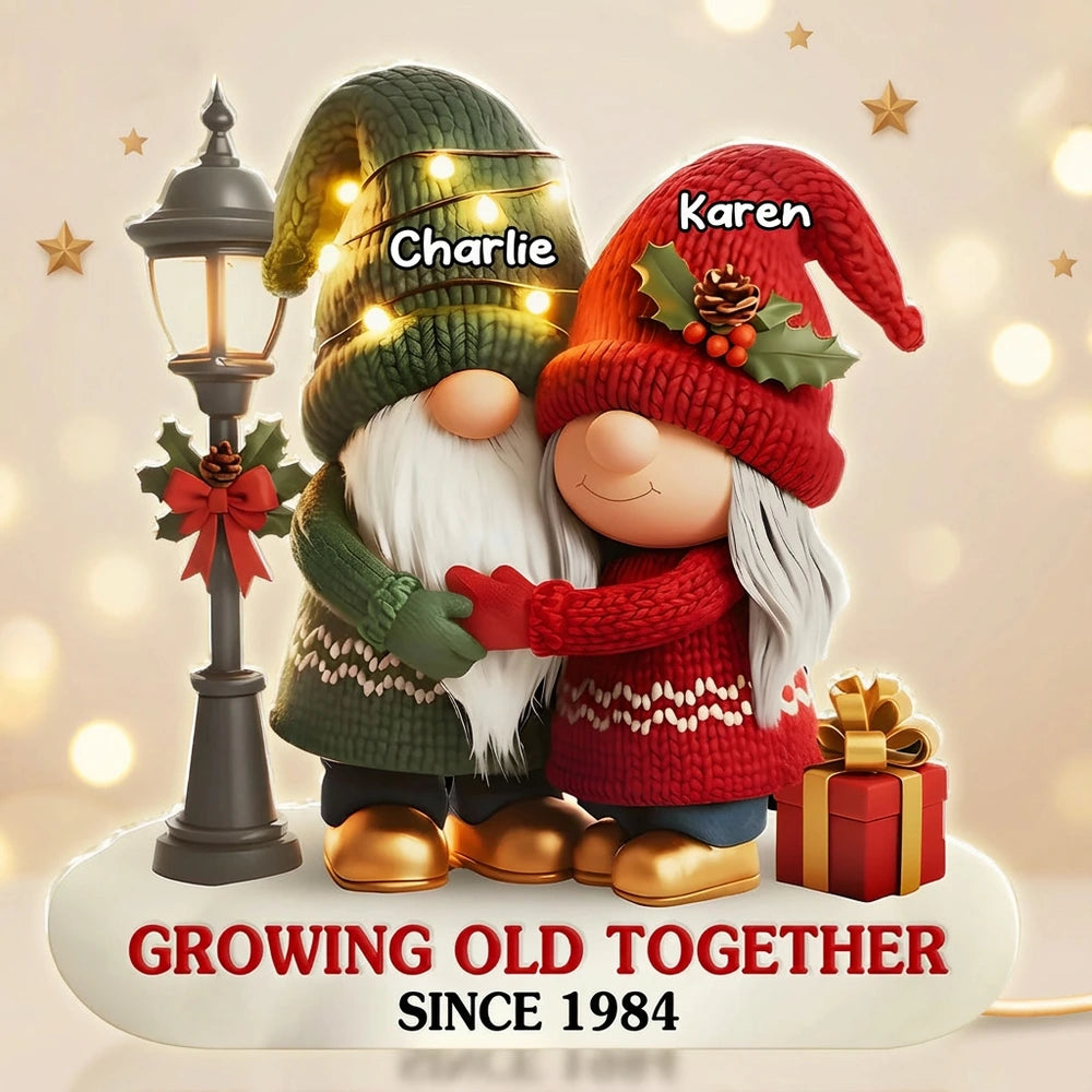 Custom Acrylic Light Box with Hugging Holiday Gnomes, Warm Glow Bedroom Lamp and Keepsake Gift for Partner