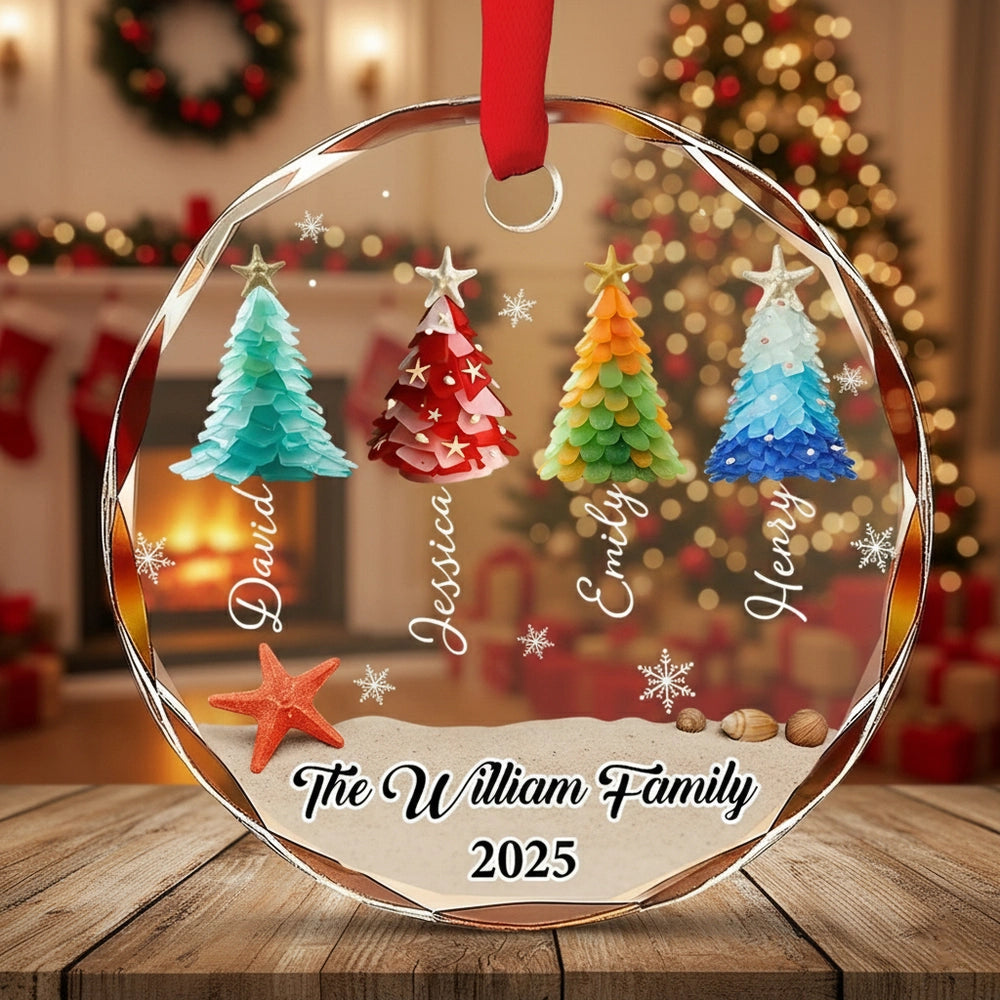 Custom Crystal Ornament with Beach-Inspired Christmas Trees, Personalized Family Name Holiday Decor, Creative Christmas Gift for Loved Ones