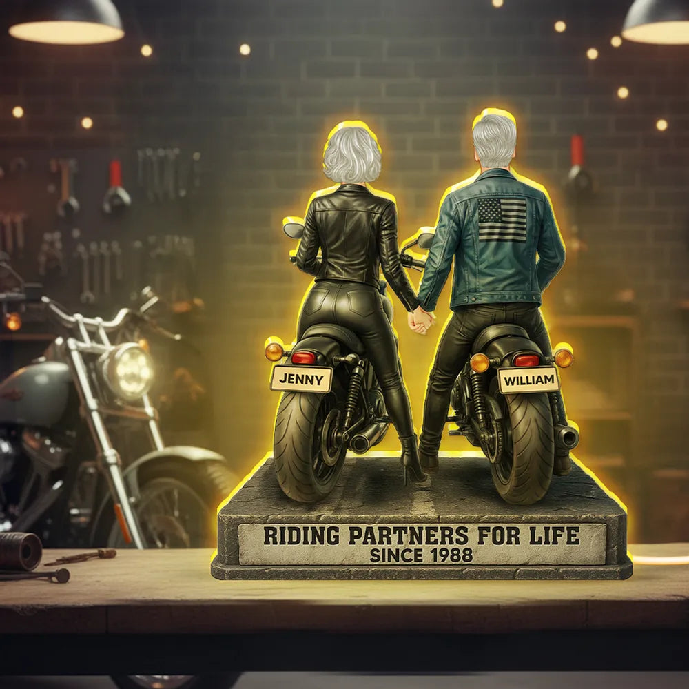 Riding Partners for Life Acrylic Light Box, Custom Motorcycle Couple Night Light with Warm Glow, Sentimental Gift