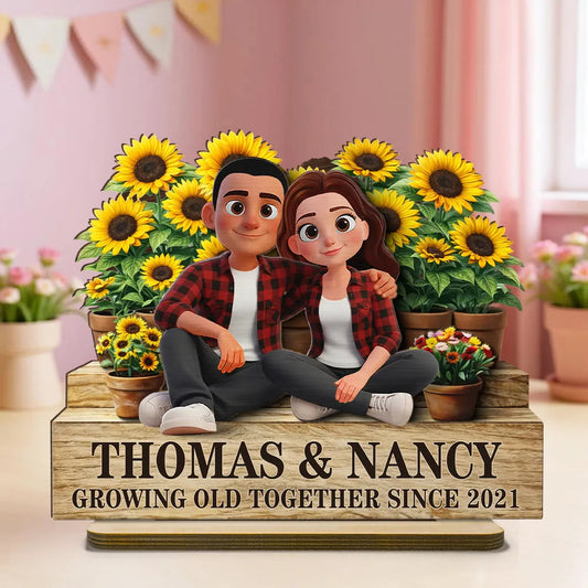 Growing Old Together Since 2-Layer Wooden Plaque with Cozy Couple and Sunflowers Unique Anniversary Gift for Him or Her