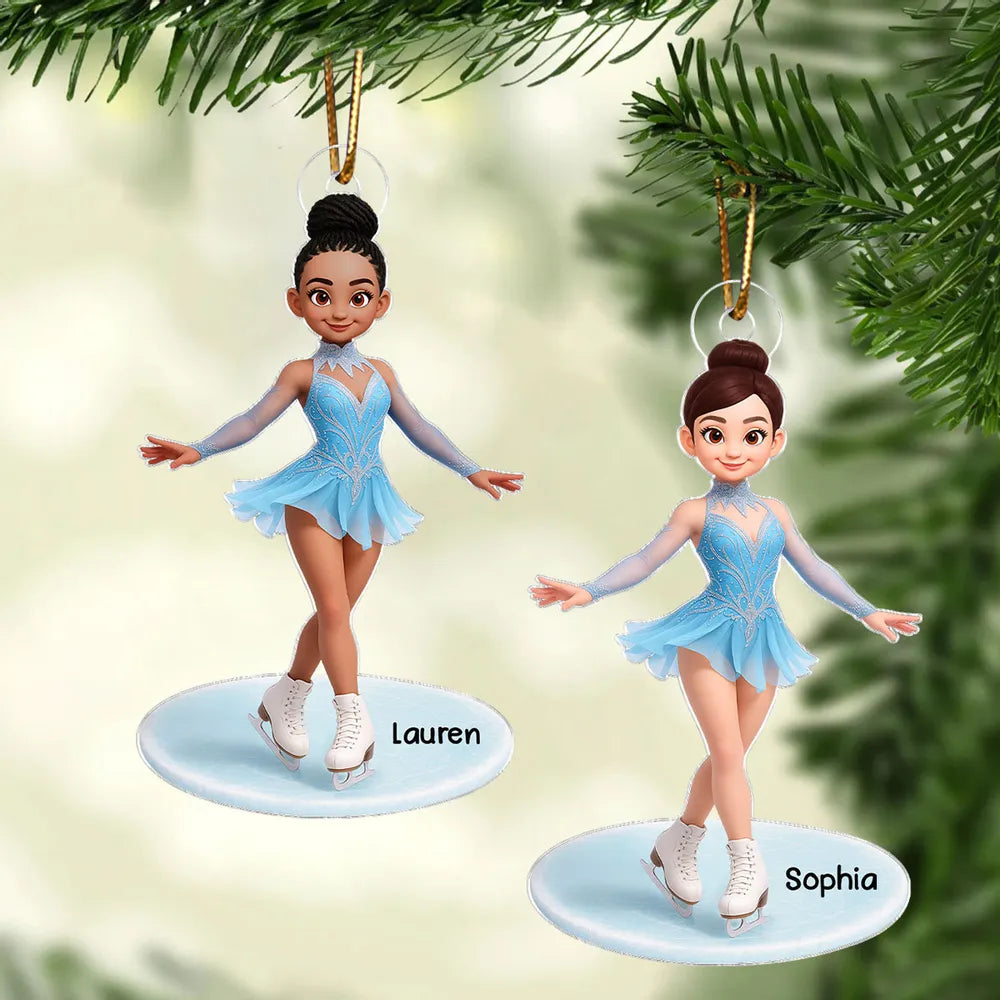 Cute Figure Skater Acrylic Ornament for Holiday Tree, Winter Wonderland Decor and Creative Gift for Daughters and Young Skaters