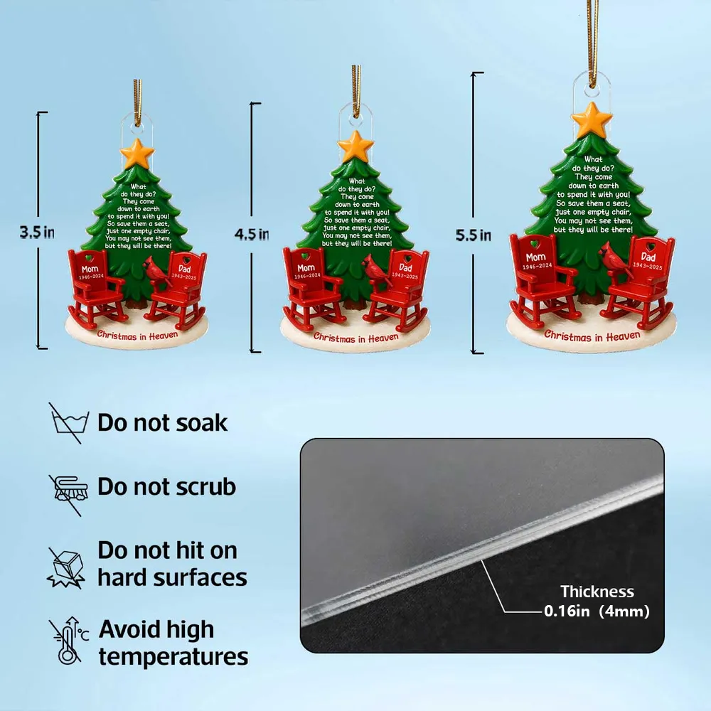 Acrylic Ornament Christmas in Heaven – Red Rocking Chairs & Tree Design, Touching Memorial Gift for Parents or Family