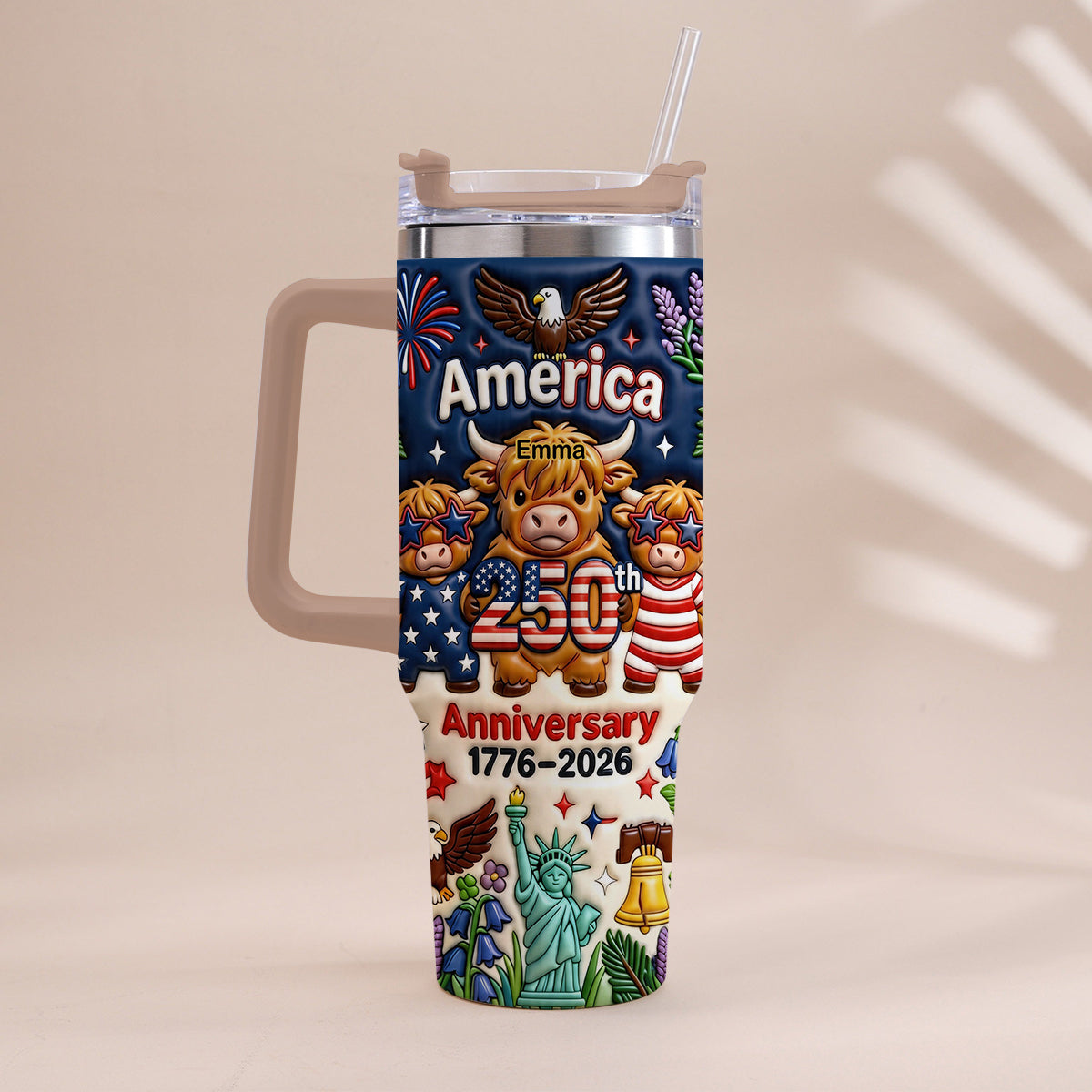 Cute Highland Cow America 250th Anniversary - Personalized Highland Cow Tumbler With Handle