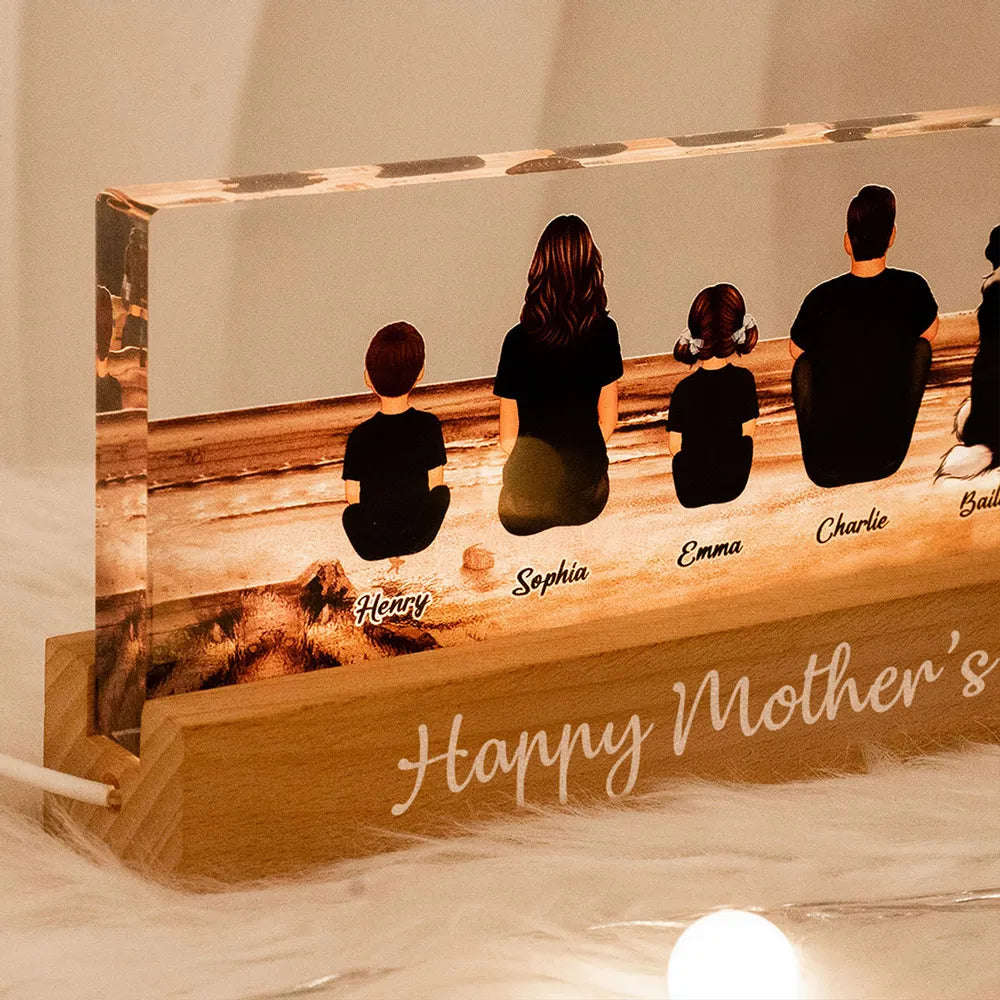 Family Sitting Back View Retro Vintage Beach Landscape Block LED Light Plaque, Mother's Day Gift Featuring Children and Pets