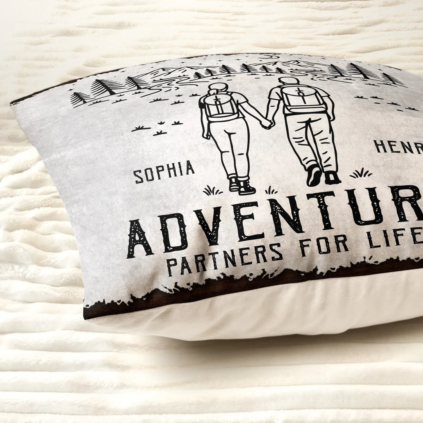 Square Pillow Personalized for Your Adventure Partners for Life, Hand in Hand Camping Scene, Sweet Gift for Couples