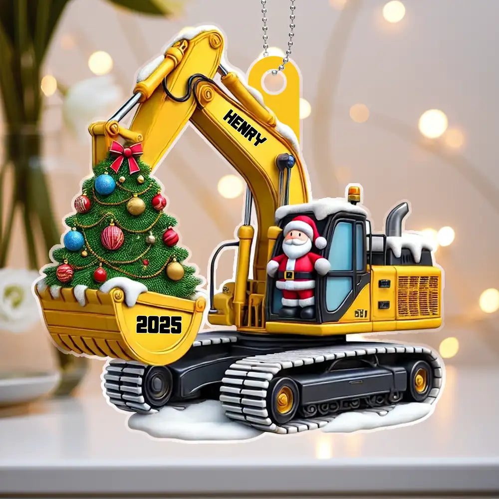 Custom Construction Truck Car Hanger with Christmas Tree and Santa – Gift for Kids or Grandson