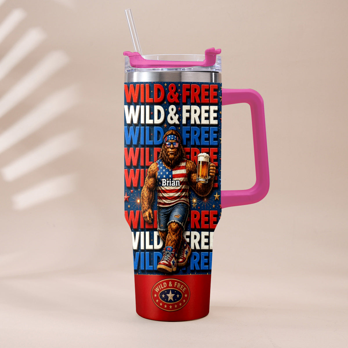 4th of July, Bigfoot Independence Day - Personalized Bigfoot Tumbler With Handle