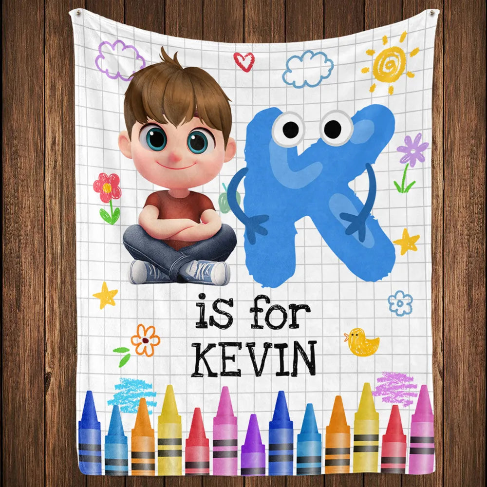 Cute Cartoon Baby Holding Big Letter Fleece Blanket, Personalized Nursery Throw For Snuggles & Smiles, Thoughtful Gift