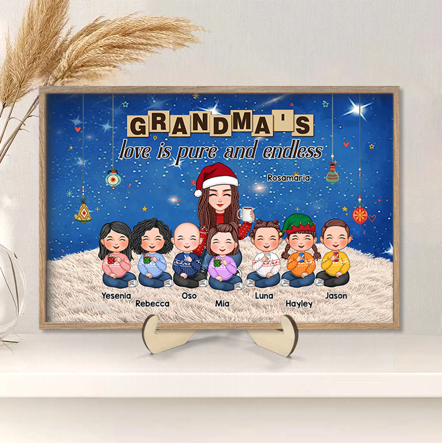 Grandma & Grandkid Sitting On Heart Pattern Moon - Personalized Poster or Canvas or Ornament or Plaque or Keychain