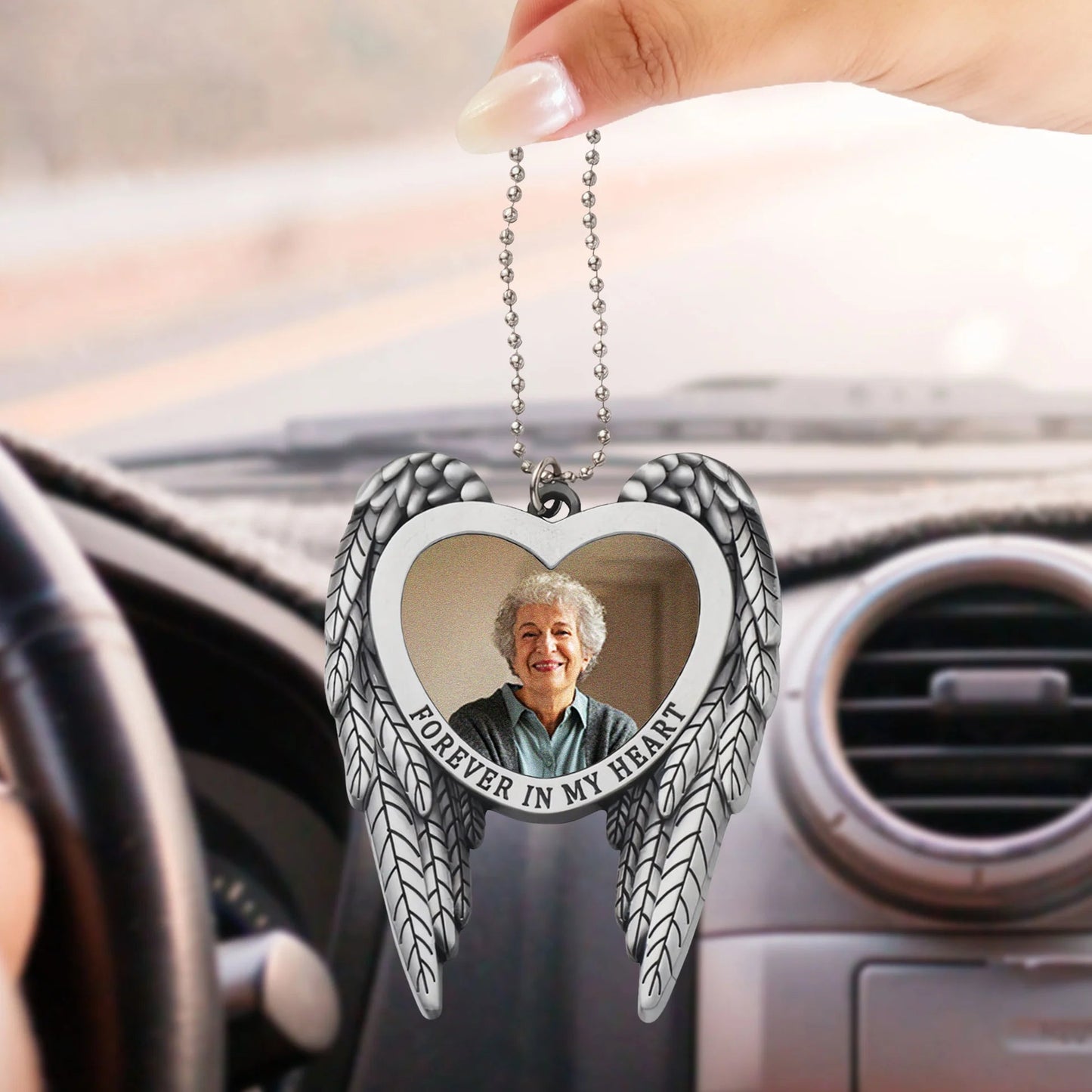 Angel Wings Heart Ornament for Car Mirror, Personalized Photo Memorial Keepsake, a unique gift for family