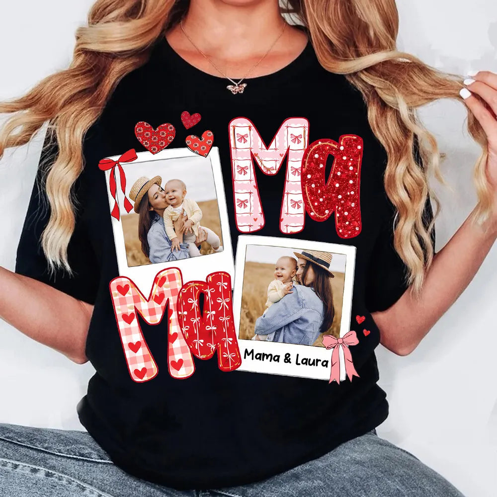 Custom Mama Classic Tee with Mom and Child Hugging Photos Red Valentine Style Hearts A Heartwarming Unique Gift