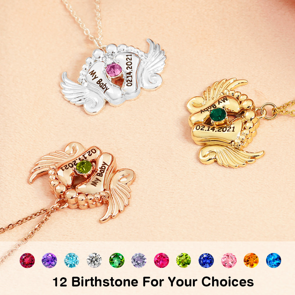 My Baby - Personalized Memorial Angel Feet Locket Birthstone Necklace