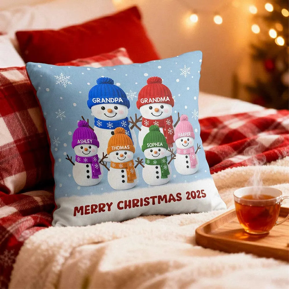 Square Pillow with Cute Snowman Family, plush velvet feel, festive room accent and creative gift for Grandma & Grandpa