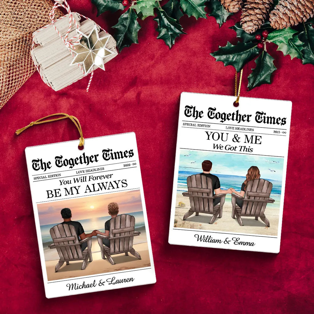 Couples Beach Newspaper-Style Acrylic Ornament – Romantic Custom Keepsake, Perfect Gift for Christmas or Anniversary