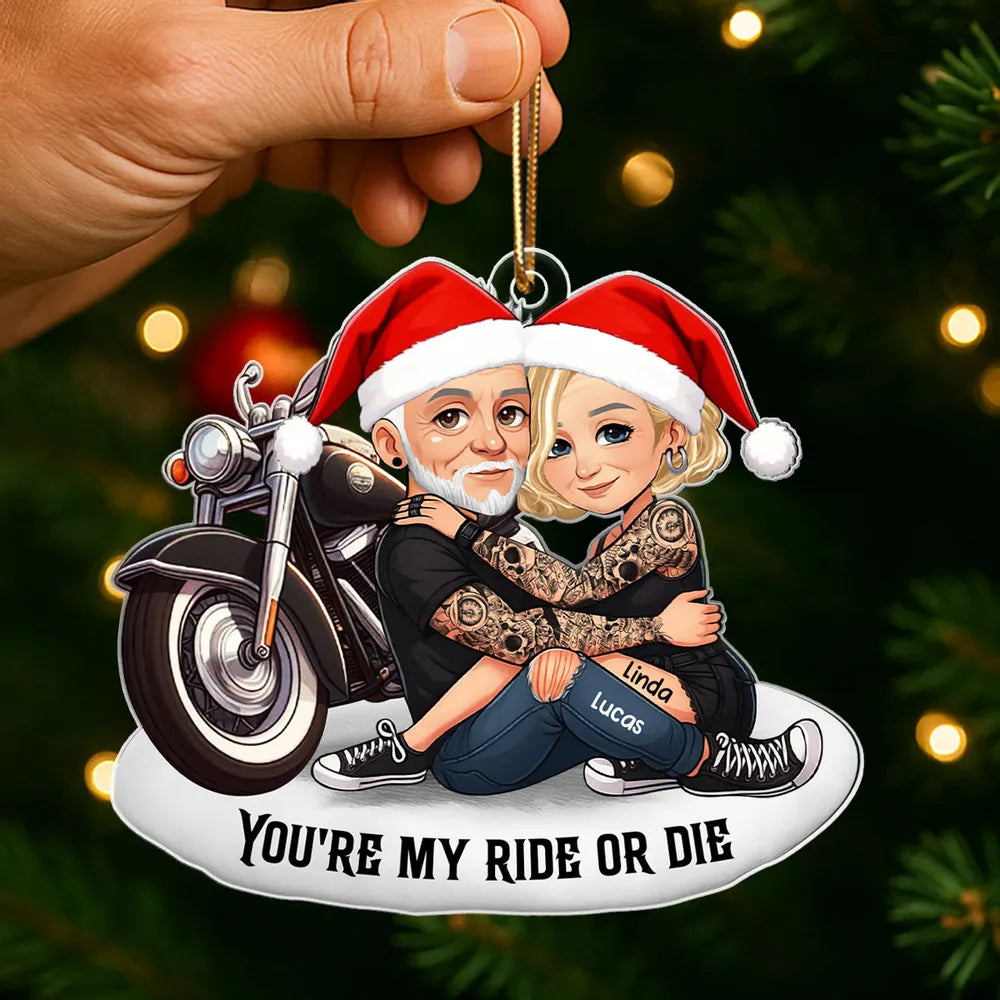 Acrylic Ornament Personalized for Riding Partners, Hugging Biker Couple on a Motorcycle, Unique Romantic Gift
