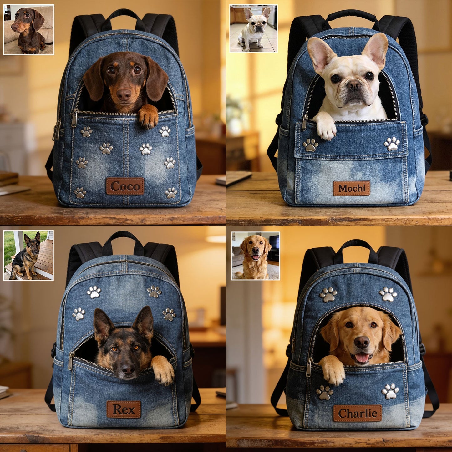 Any Photo Personalized Denim Dog Backpack - Personalized Dog Changeable Leather Patch Backpack