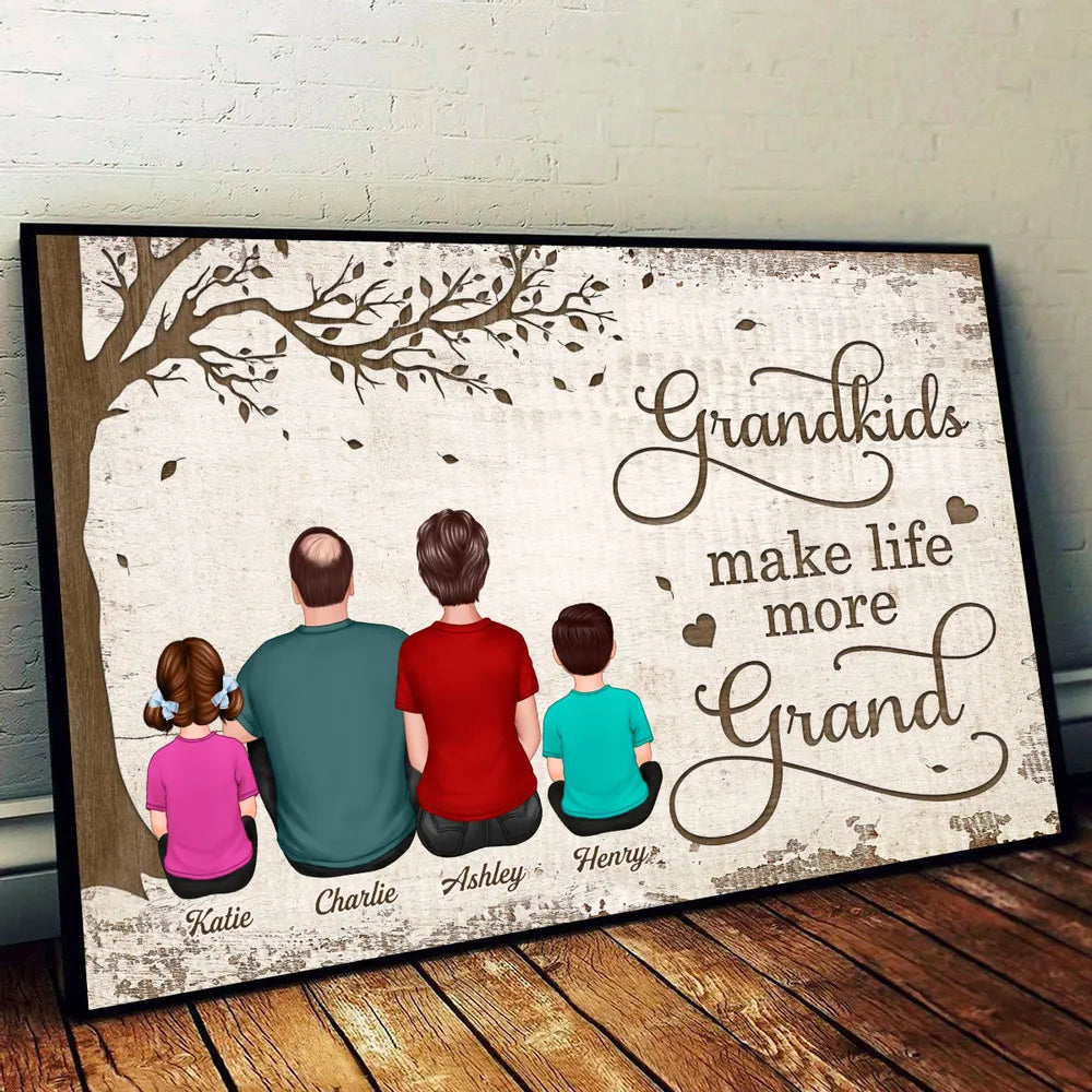 Personalized Grandkids Make Life More Grand Poster, Back View Family Under Tree, Unique Gift for Grandma & Grandpa