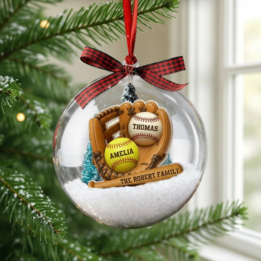 Snow Globe Ornament with Baseball Glove & Softball, Custom Family Keepsake for the Tree, Unique Holiday Gift for Sports Fans