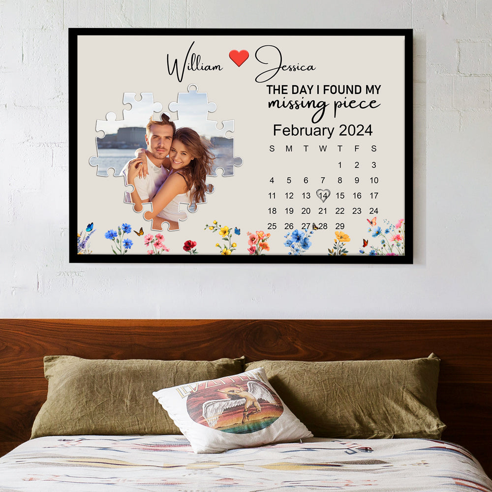 The Day I Found My Missing Piece – Customizable Couple's Poster, Gift for lover, with Puzzle Heart, Calendar, and Floral Details
