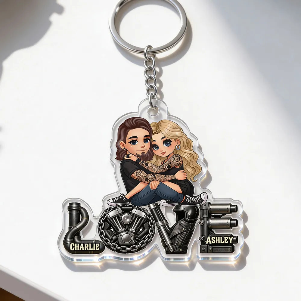 Personalized Biker Couple Acrylic Keychain Cute Cartoon Hugging Riders Cool Accessory Unique Gift for Him or Her
