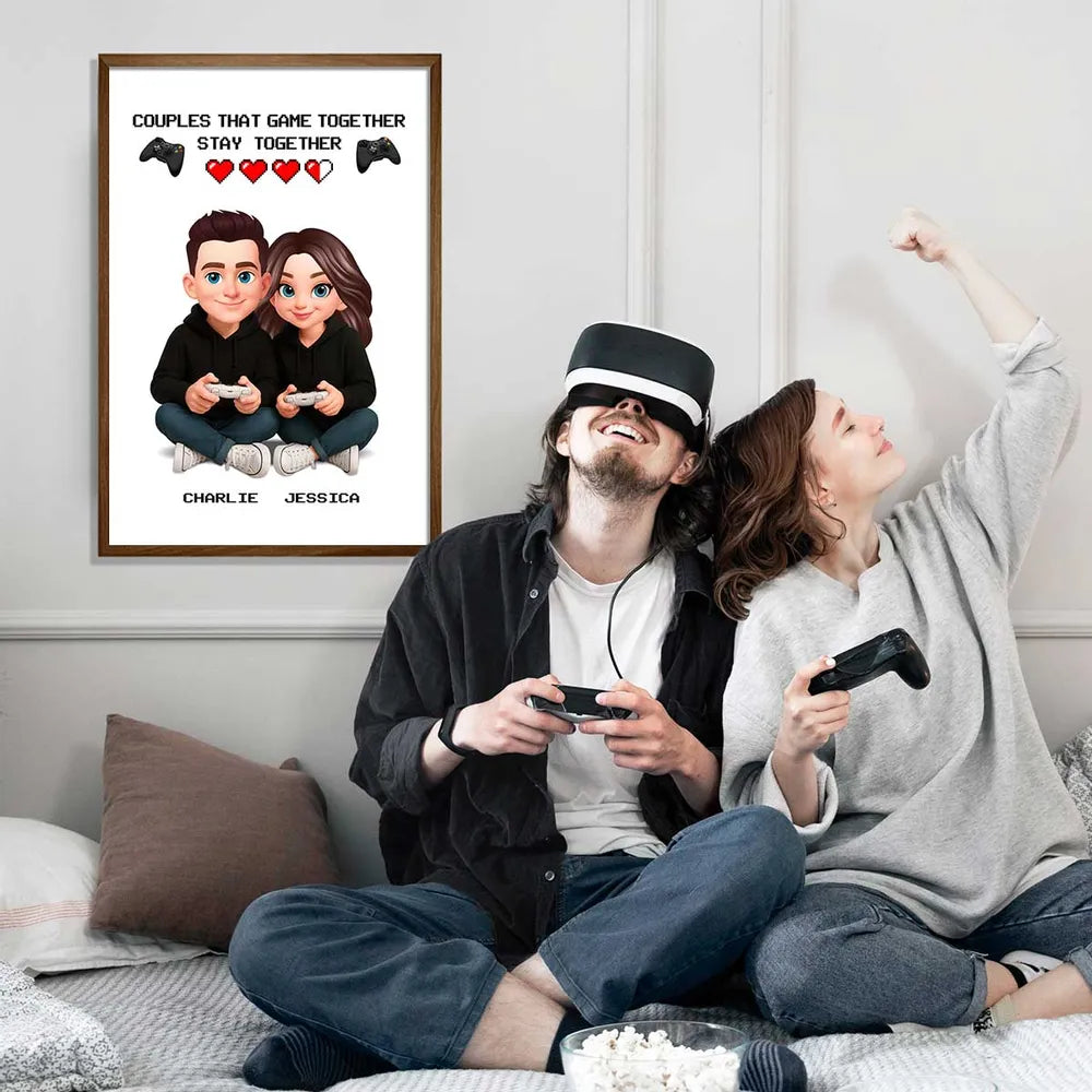 Personalized Gaming Couple Poster Game Together Stay Together Wall Art, Modern Cute Gift for Him or Her