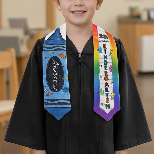 Personalized Graduation Stole with Crayon-Style Rainbow Design, Bright Keepsake Photo Moment, Unique Creative Gift for Kids