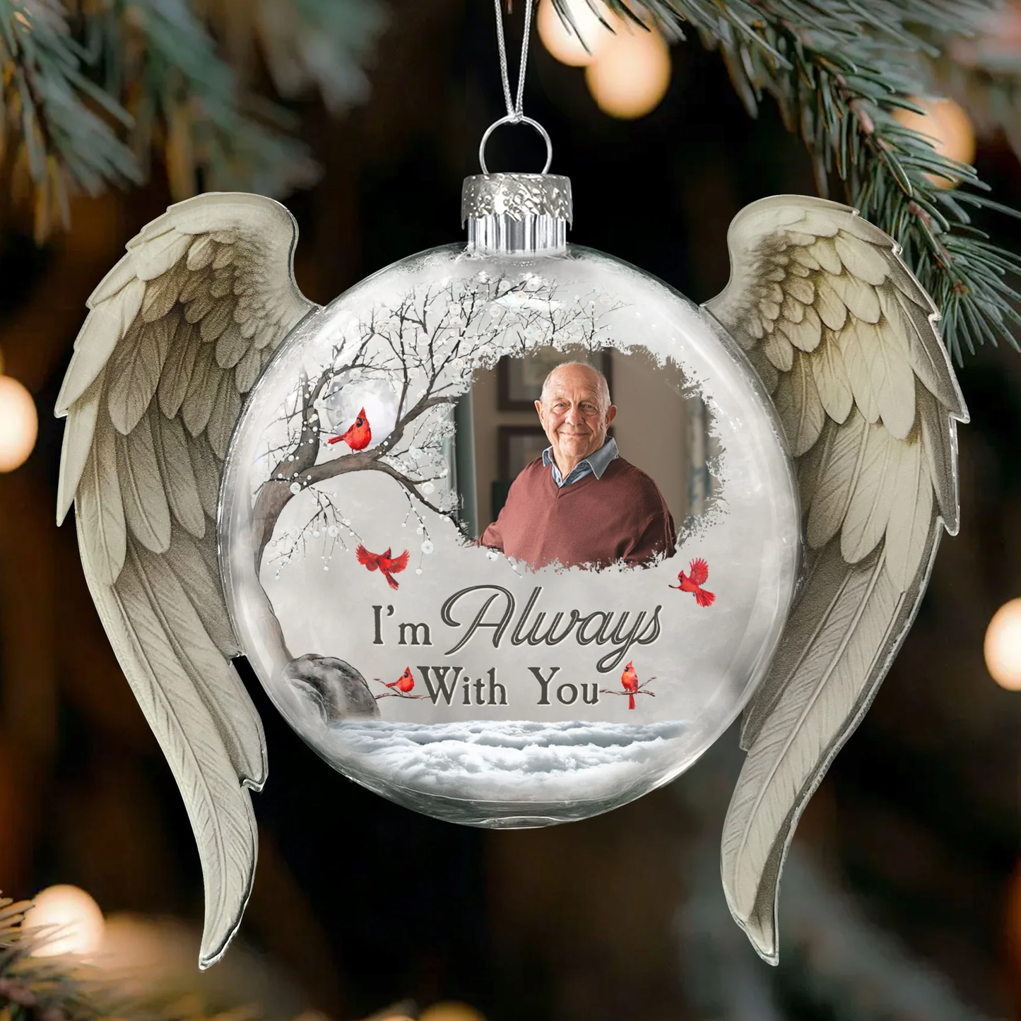 Custom Acrylic Flat Ball Ornament with Photo & Cardinals – I Am Always With You Memorial Christmas Gift for Remembering a Loved One