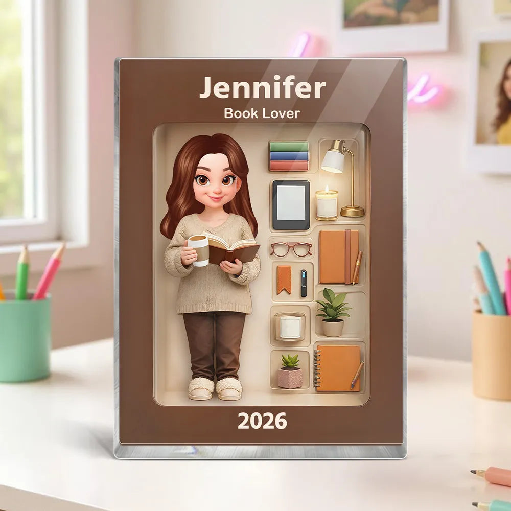Personalized Rectangle Acrylic Block Plaque Book Lover Character Desk Decor, Cozy Reading Nook Style, Unique Gift for Readers