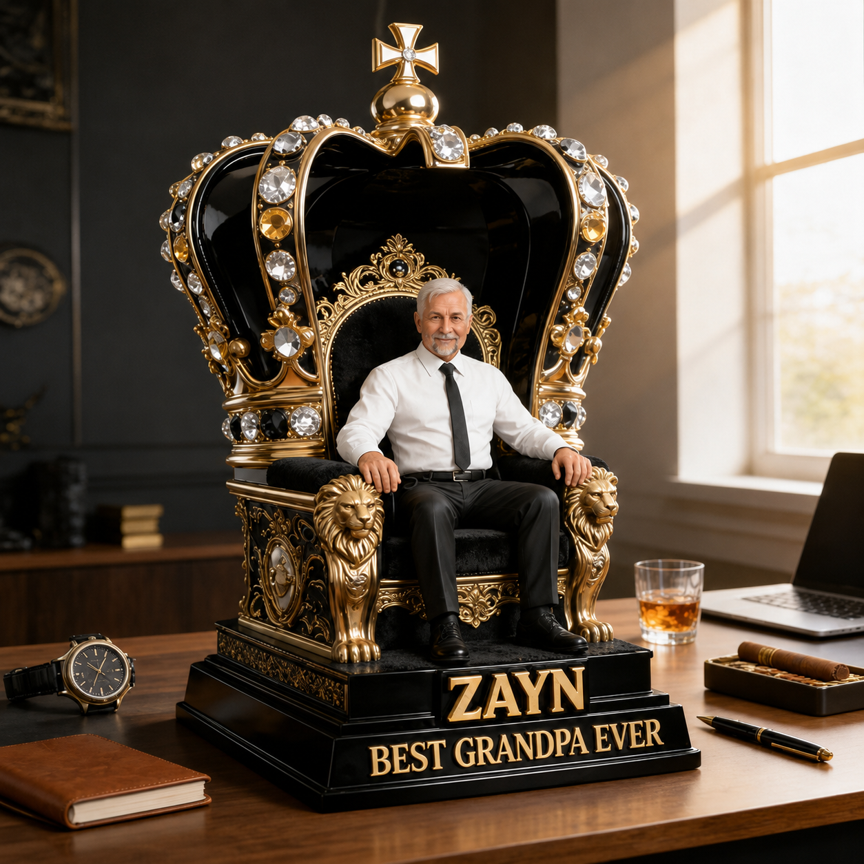 Custom King Throne Photo Figurine Statue | Personalized Best Grandpa Ever Crown Sculpture | Unique Father's Day Gift for Office Desk Decor