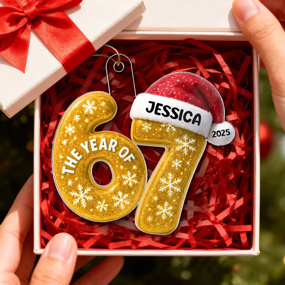 Personalized Acrylic Ornament 67 with Santa Hat Design, Custom Christmas Tree Decor, Festive Keepsake and Unique Holiday Gift