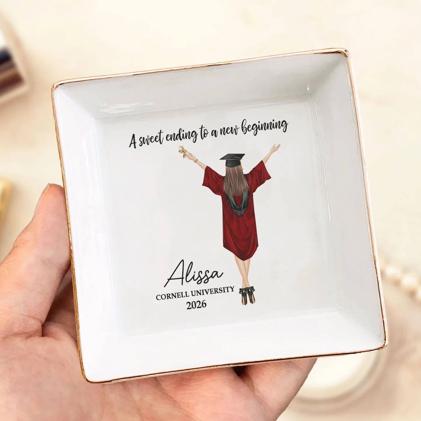 Personalized Graduation Jewelry Dish with 'A sweet ending to a new beginning' Quote, Unique Keepsake Gift for Her