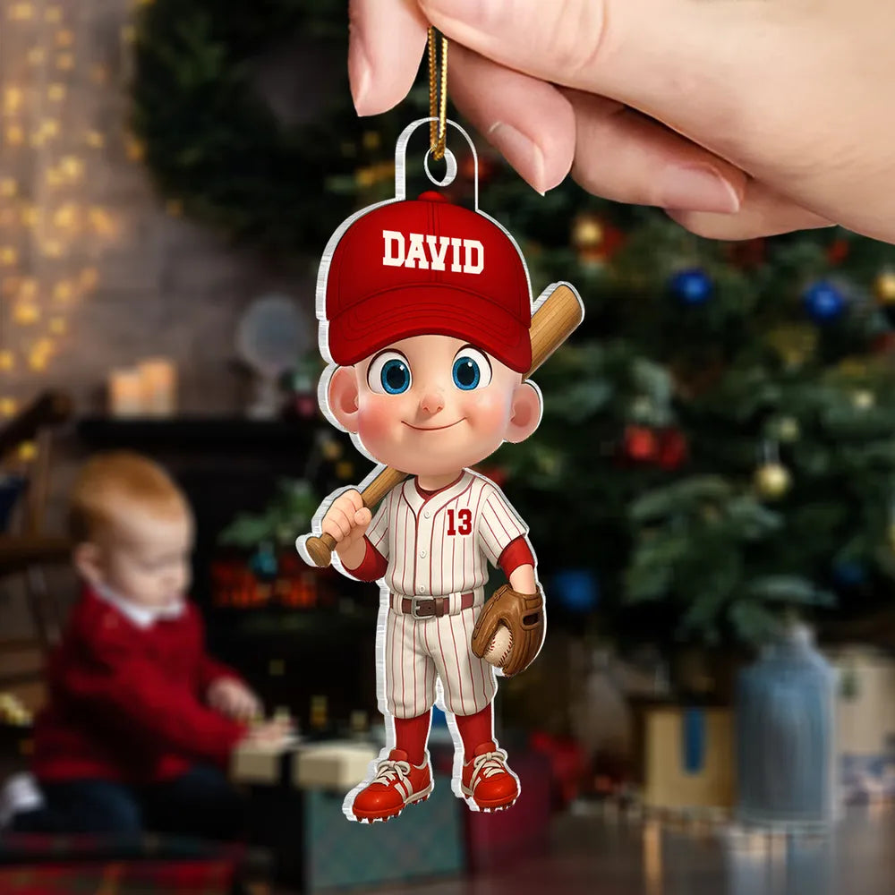 Baseball Acrylic Ornament with Cute Character Design, Customizable Holiday Tree Decoration, Perfect Gift for Kids and Families
