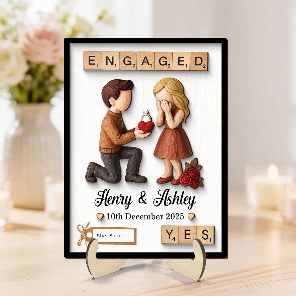 2-Layer Wooden Plaque with Engaged Couple Proposal Scene and 'She Said... Yes' - Personalized Keepsake Gift for Couples
