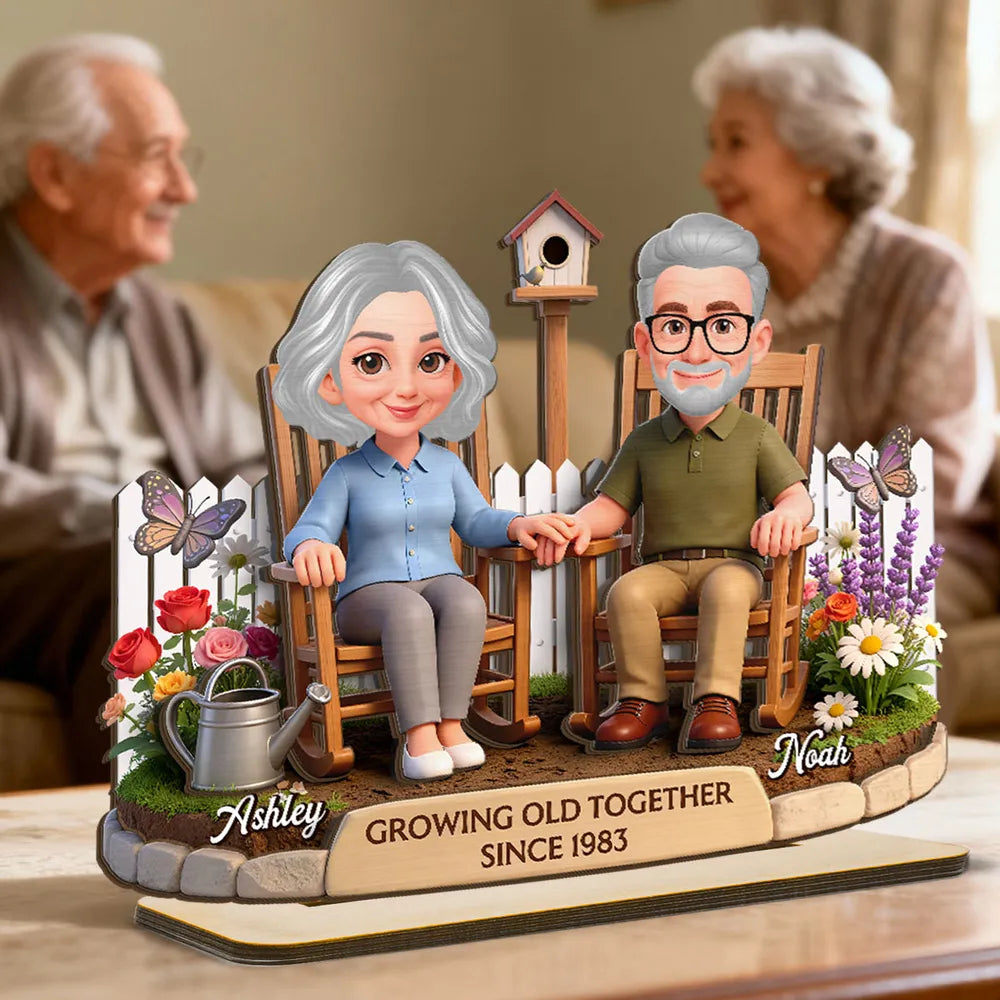Personalized 2-Layer Wooden Plaque with Couple in Garden Rocking Chairs, Growing Old Together Unique Gift for Husband or Wife