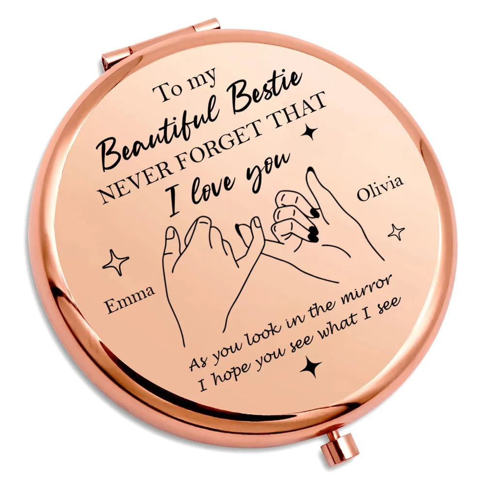 Metal Compact Mirror With Bestie Love Quote And Pinky Promise Drawing, Thoughtful Personalized Gift For Friends